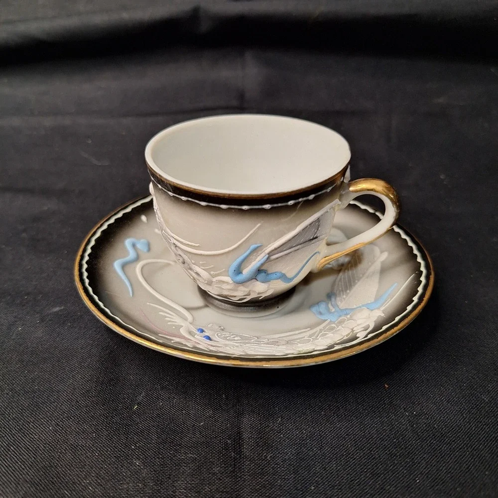 Vintage Moriage Dragonware Demitasse Cup and Saucer Set Grey Black Gold